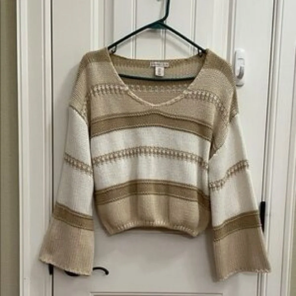 Sincerely Jules Cream and Tan V-Neck Sweater - Picture 2 of 3